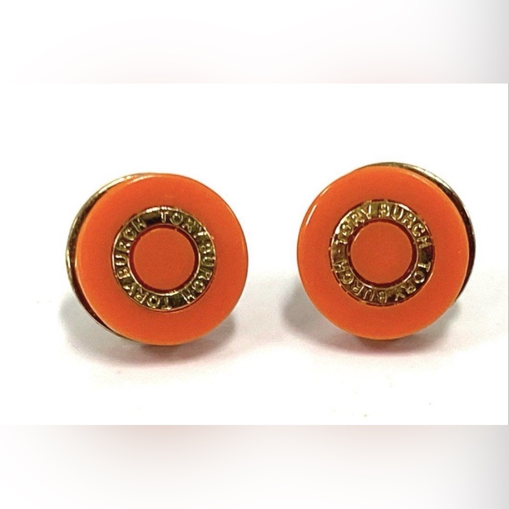 Tory Burch Orange Circular Logo Button Earrings W… - image 1